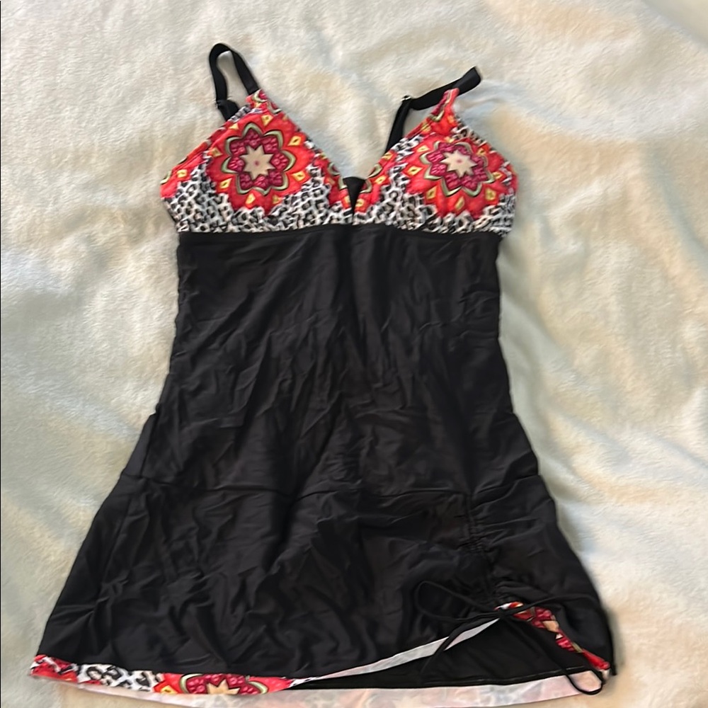 Black and Red Floral Swim Dress